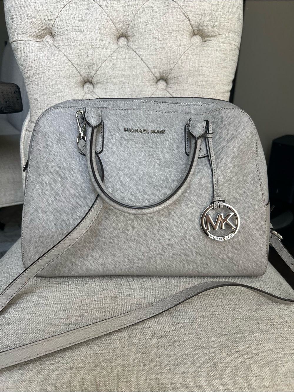 Michael Kors Light Grey Saffiano Dome Satchel with MK Charm